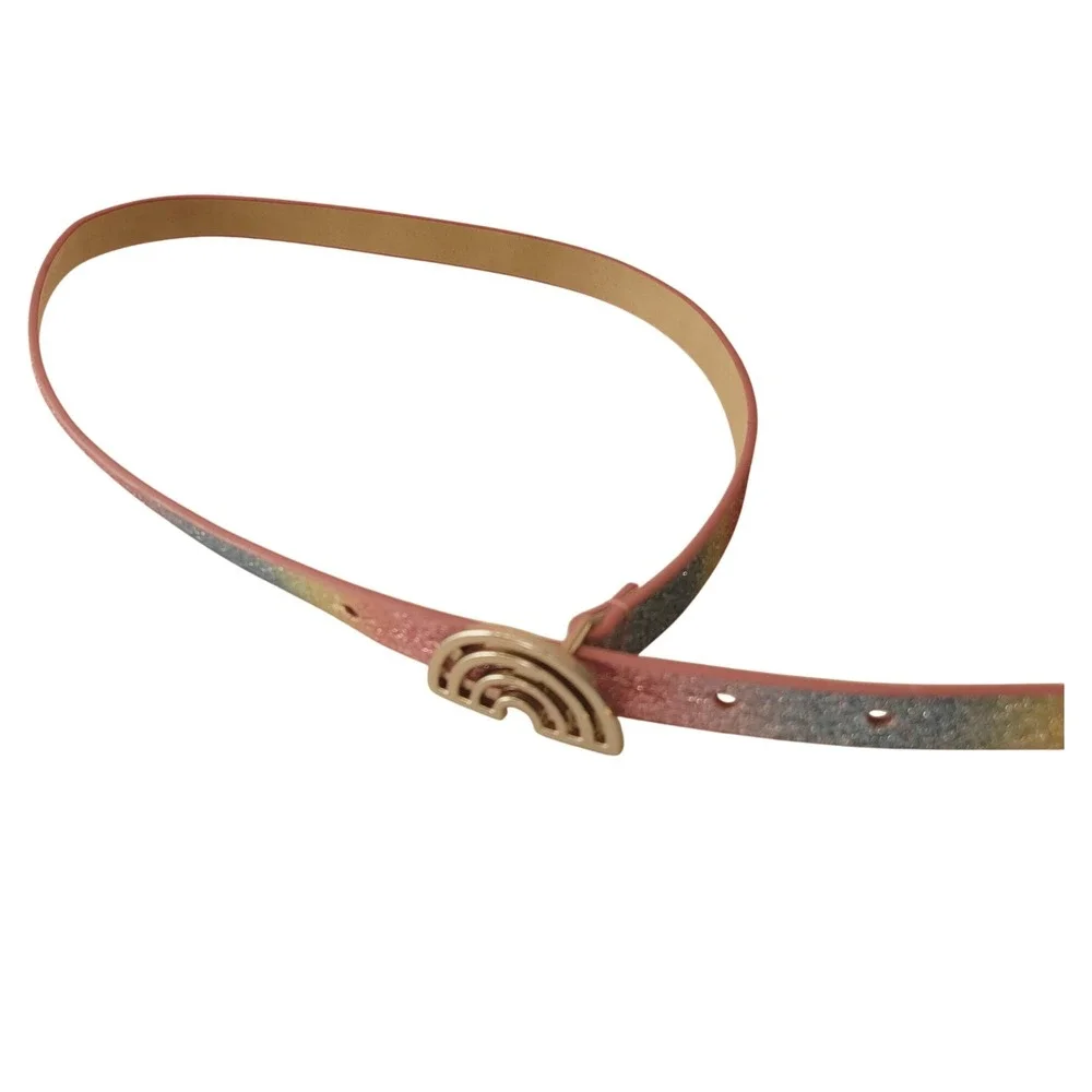 Target Girls Rainbow Glitter Skinny Belt Gold Rainbow Buckle Medium NWOT Sparkle
